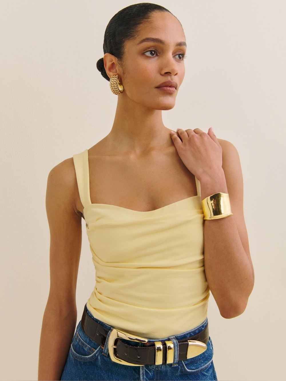 new Reformation Trish layered sweetheart neckline knit tank top in Pineapple